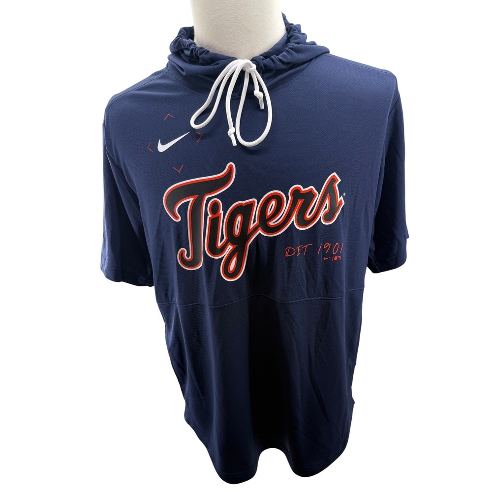 Nike MLB Detroit Tigers Navy Blue Short Sleeve Hoodie Mens Large NEW MSRP 60